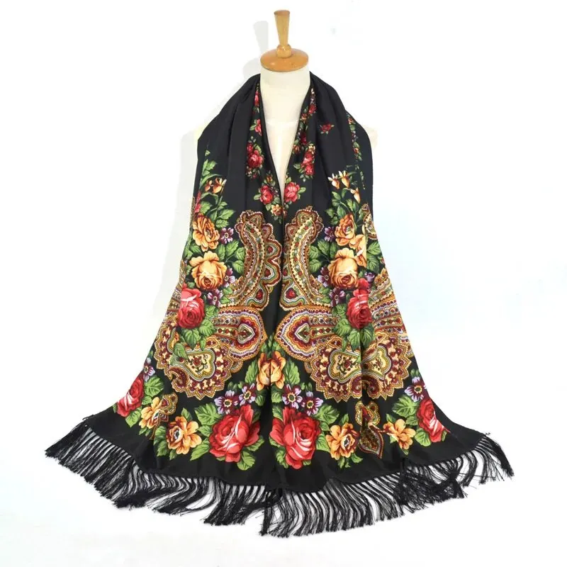 Flower Print Black Tassel Scarf Vintage Windproof Shawl Women Outdoor Windproof Head Wrap Boho Hijab Turban 170*65cm