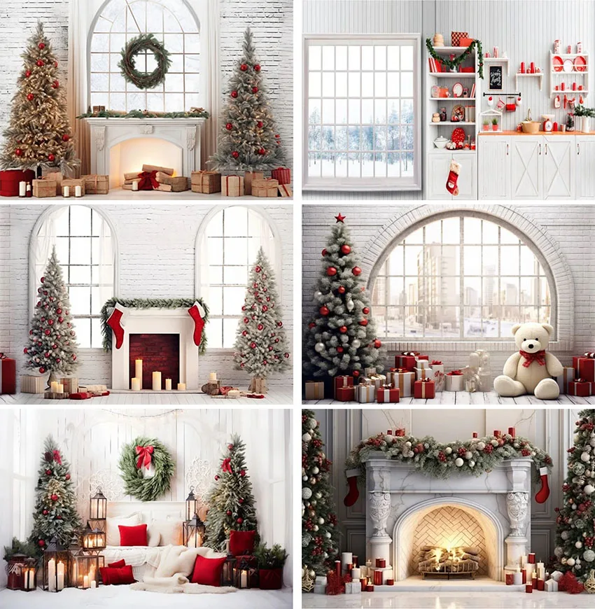 Photography Background Winter Christmas Kitchen Fireplace Forest Snow Xmas Tree Kid Family Portrait Decor Photo Backdrop Studio