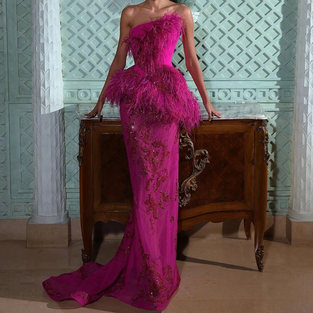 Luxury Feather Strapless Ball Gown with Sequin Embroidery Sleeveless Sparkling Evening Party Dresses for Banquet Gala Red Carpet