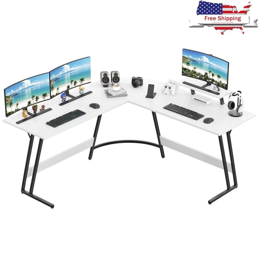 

L Shaped Computer Desk Modern Corner Design with Movable Small Table Adjustable Feet Office Gaming Study Use