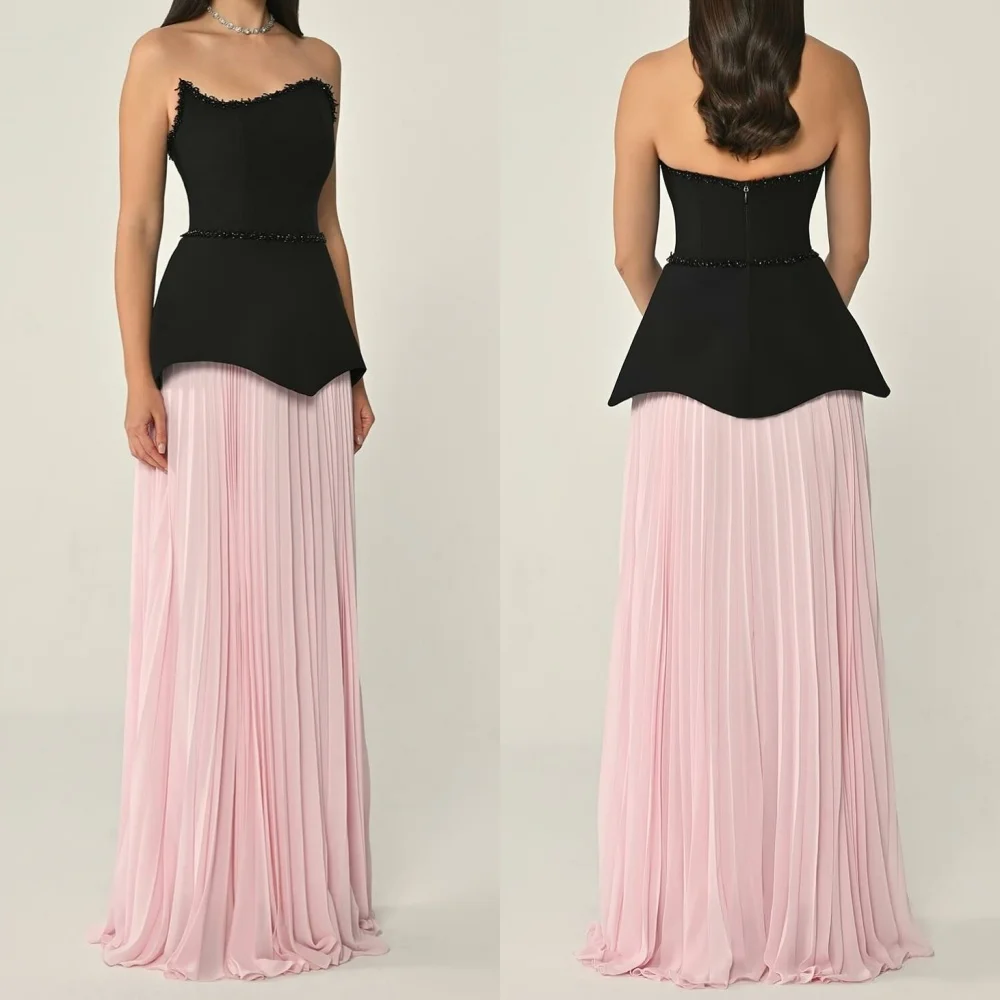 Customized Temperament Black Jersey Evening Dress Exquisite Strapless Sleeveless Zipper Back Sweep Train Special Occasion Gowns