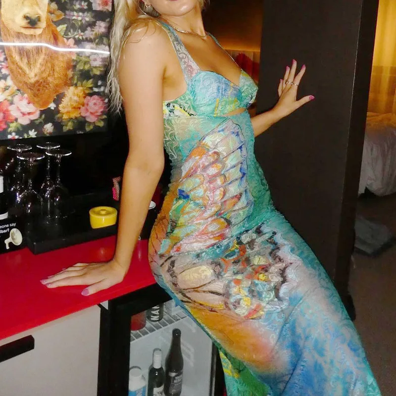 Elegante renda colorida impressão cortar maxi vestido sem mangas sem costas bodycon vestido longo senhora festa à noite clube vestido de luxo
