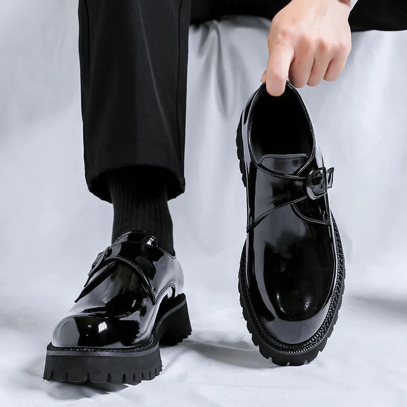 men's fashion monk shoes black stylish patent leather platform shoe wedding party dress breathable loafers gentleman footwear