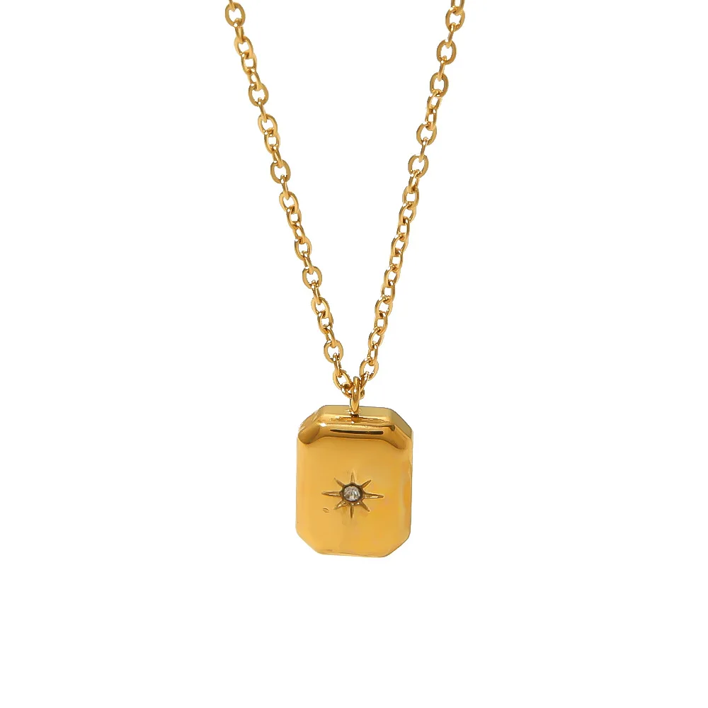 Einfache Edelstahl-Geometrische Quadratische Anhänger-Halskette für Damen, Retro-Zirkon-Stern-Halskette, Trendiger Schmuck-Accessoire – Detail 6