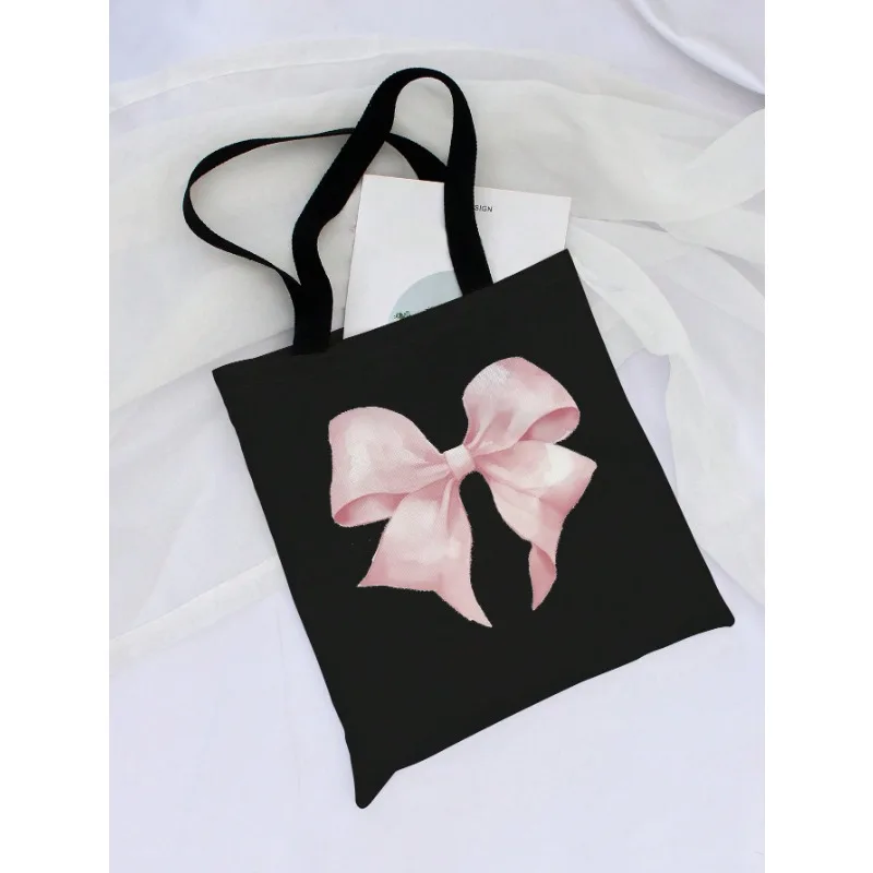 ROMWE Kawaii Bow Pattern Canvas Shoulder Bag Valentines Canvas Handbag Tote for Women Students Work Street Travel Gifts Bags - view 5