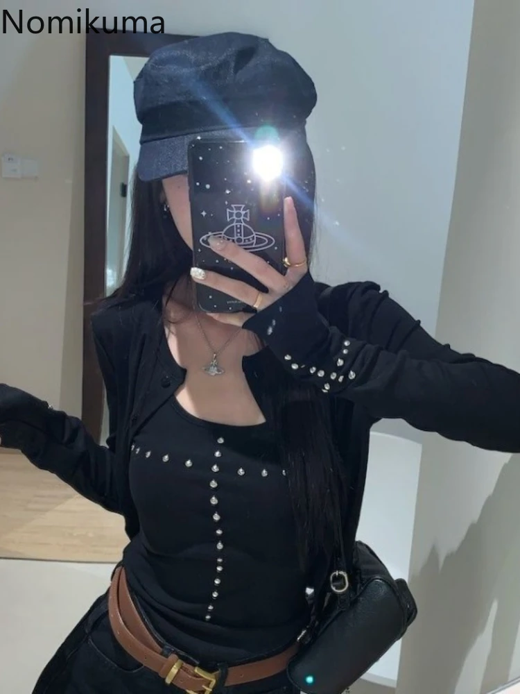 

2 Piece Sets Women's Clothing Long Sleeve Black Cropped Cardigan Riveted Slim Fitting Camisole Vest Suit Fashion Korean Outfits