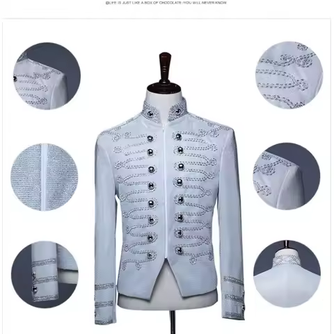 2026 White Fashion Bright Color Zipper Court Military Blazer for Men,Bar Nightclub/DJ Singer/Host Hairstylist Men's Suit Jackets