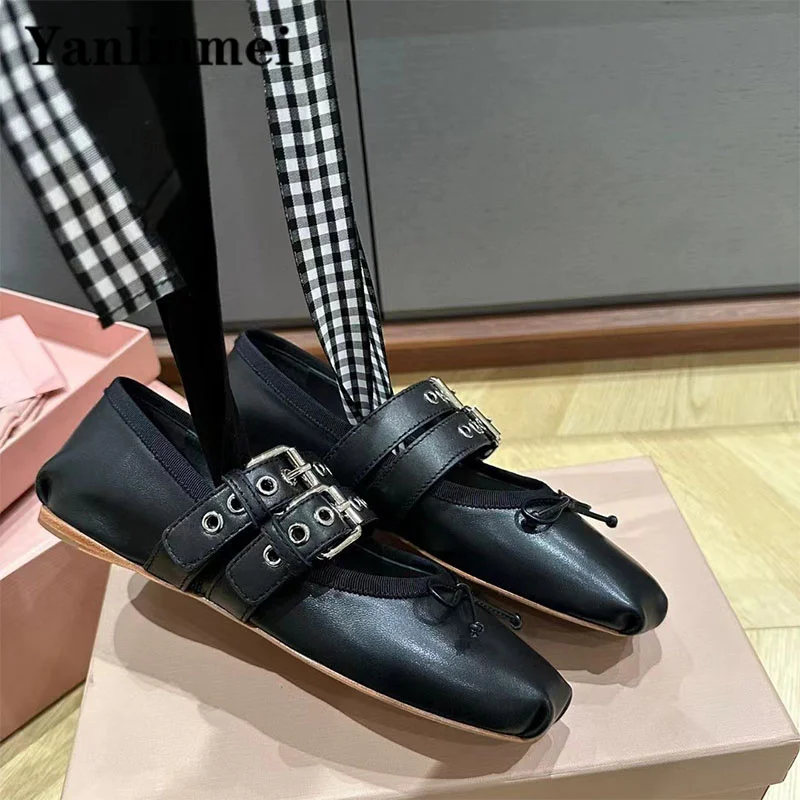 New Runway Ballet Shoes Women Round Toe Buckle Strap Loafers Female Genuine Leather Ankle Cross Lace Up Comfort Flat Shoes Woman