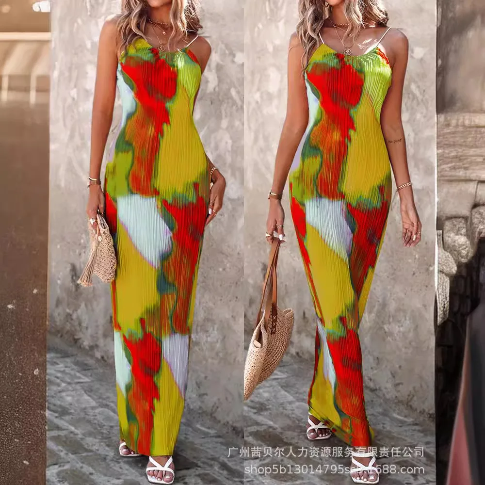 ชุด Maxi ชุดผู้หญิง Colorblock Tie Dye Cami พิมพ์ชุดยาวจีบชายหาดสลิงแขนกุด Casual Elegant Party Vestidos