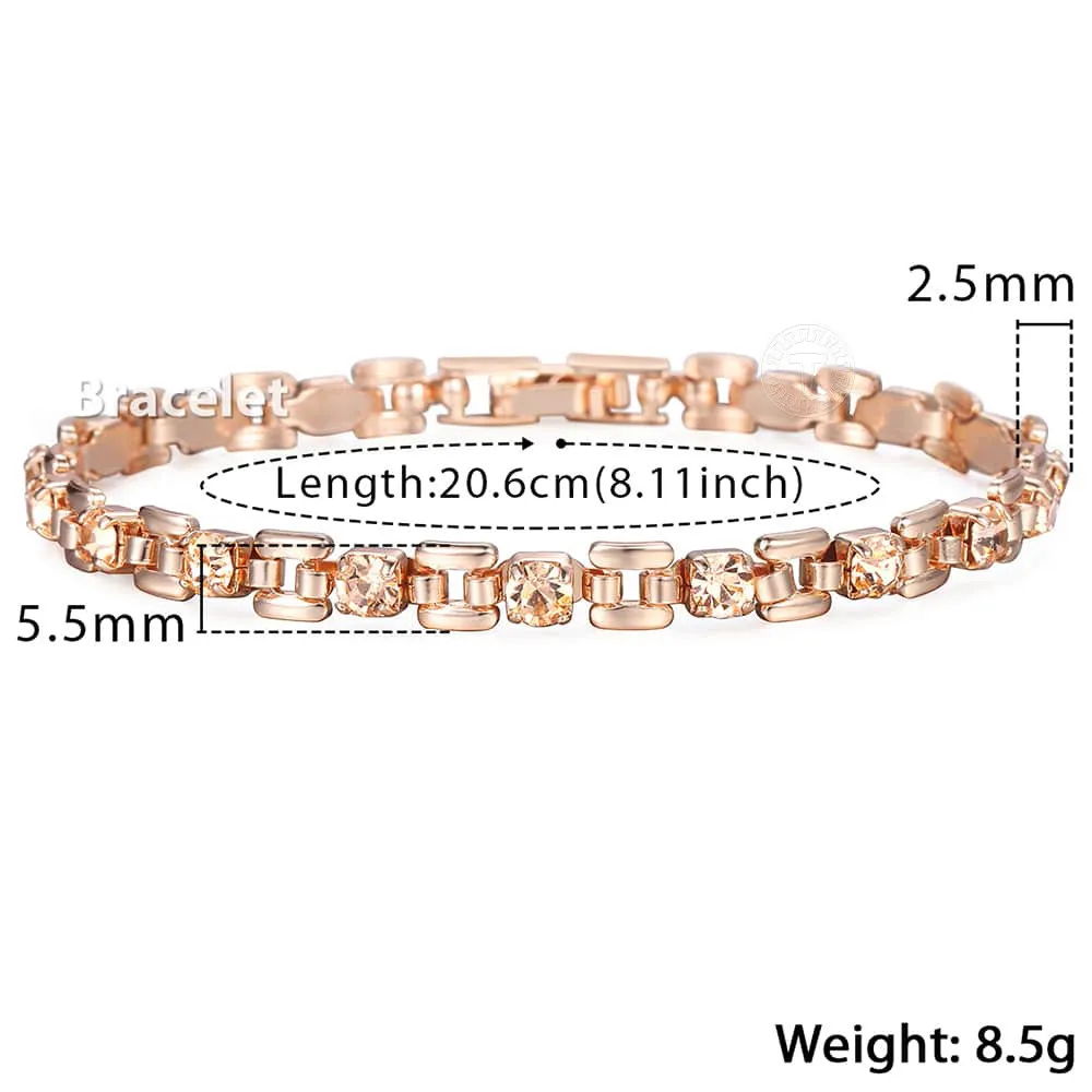 5.5mm 585 Rose Gold Color Bracelet For Womens Girls Square Bismark Gold Tone Cubic Zirconia Stone Link Bracelet  GB433