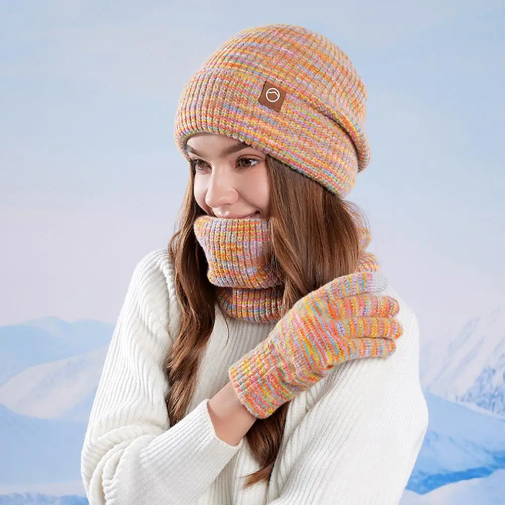ชุดหมวกและผ้าพันคอ 3 ชิ้น/ชุด หมวกสกี ผ้าพันคอถักขนแกะ ถุงมือหน้าจอสัมผัส หมวกหนาสำหรับกีฬากลางแจ้ง ผ้าพันคอให้ความอบอุ่น