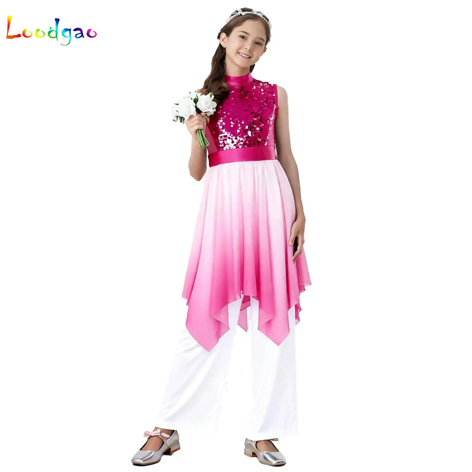 

Kid Girl Worship Praise Dress Sleeveless Lyrical Liturgical Dance Costume Church Choir Wide-Leg Pants Ballroom Dancing Dancewear