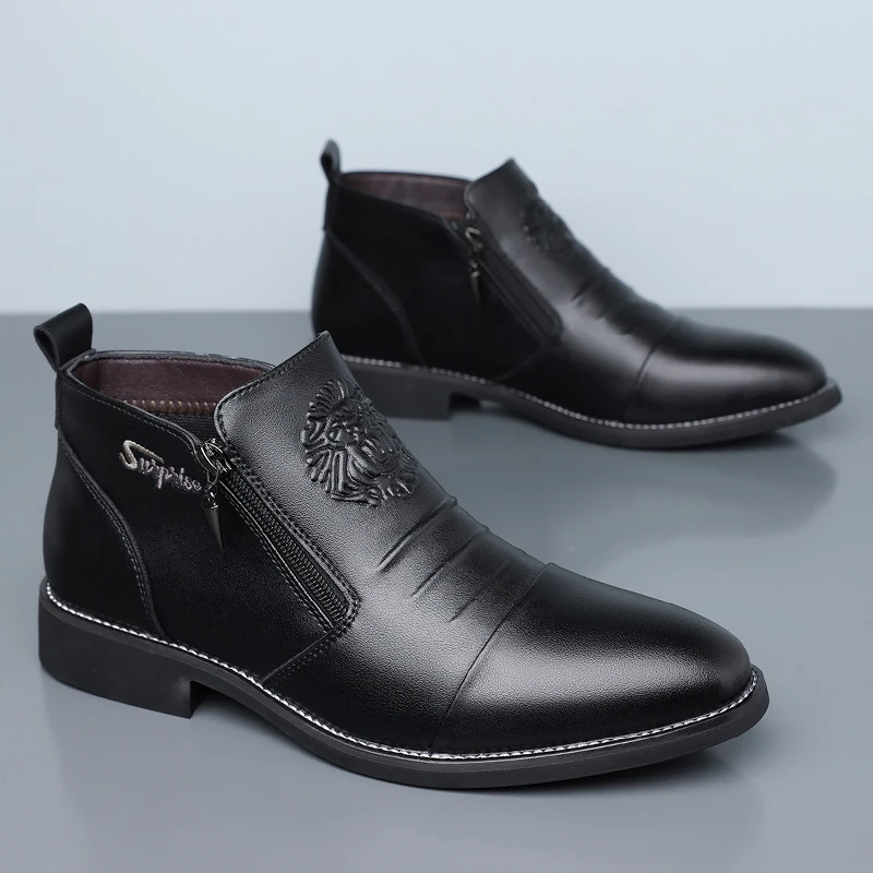 

Winter Men's Elegant Boots Ankle Non Slip Leather Shoes British Zip Black Knight Boots Pointed Punk Platform Male Booties