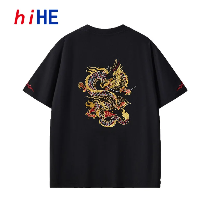 Men's 230g Heavy Cotton T-Shirt Gold Thread Dragon Embroidery Drop Shoulder Loose Fit Plus Size Casual Streetwear Tee D052A1