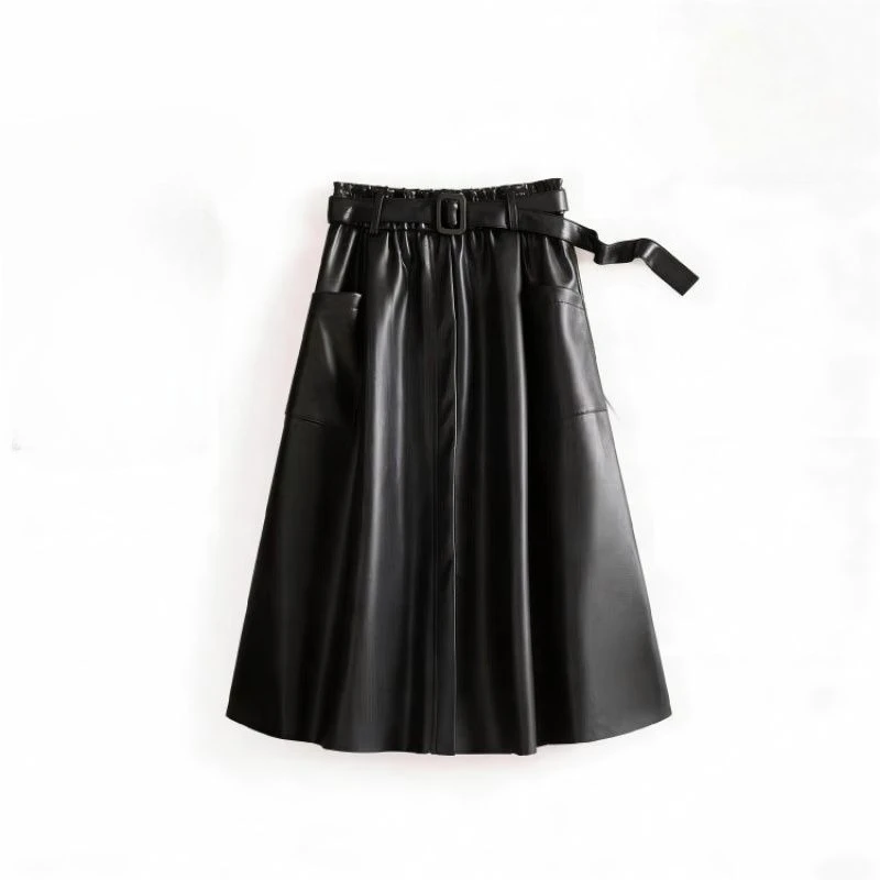 2026 Autumn Fashion New Style Wine Red High Waist PU Leather A-line Mini Skirt with Belt Slim Fit Spicy Girl Half Skirt