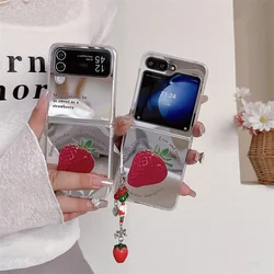 Cute Strawberry Mirror Phone Case For Samsung Galaxy Z Flip 6 5 4 3 Cover with Chain Strap Cases For Z Flip5 Flip6 Flip4 5G Capa