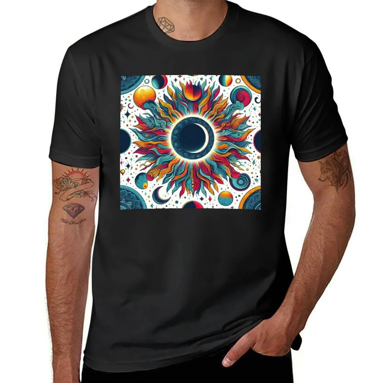 

Bright Colorful Celestial Eclipse Drawing Illustration Mid Mod T-Shirt cute tops tees tops oversized t shirts for men