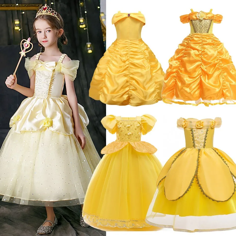 Kids Belle Costume Set Belle Dress Up Princess Clothes Luxuriant Fluffy Dress Floor Length Skirt Royal Robes Girls Cute Clothing