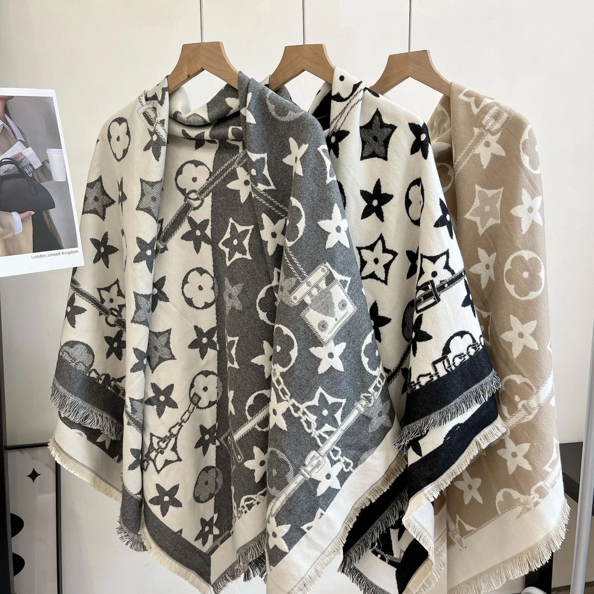 

Oversized Square Star Print Scarf - Women's Fall Winter Thickened Warm Faux Cashmere 2-in-1 Shawl