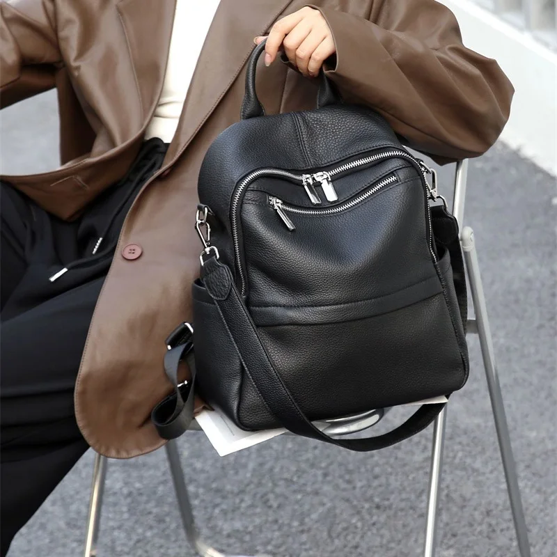 Causal Genuine Leather Backpack Women Double Shoulder First Layer Cow Leather Travel Bags Real Cowhide Ladies Leather Backpack