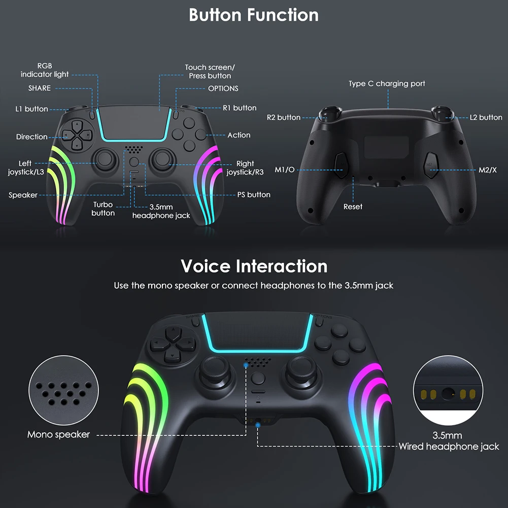 

Game Controller for PS 5/PS 5 Slim/PS 5 Pro Bluetooth-Compatible 4.0 Gamepad with 3.5mm Jack and Touchpad 3 RGB Lighting Effects