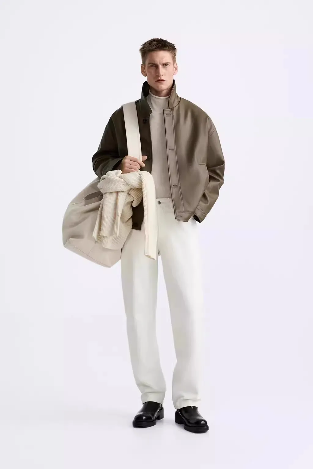 

Spring 2024 Men's Casual Leather Jaet Bla Retro Collarl Coat New Arrival Youth Faion Loose Fit Regular Length