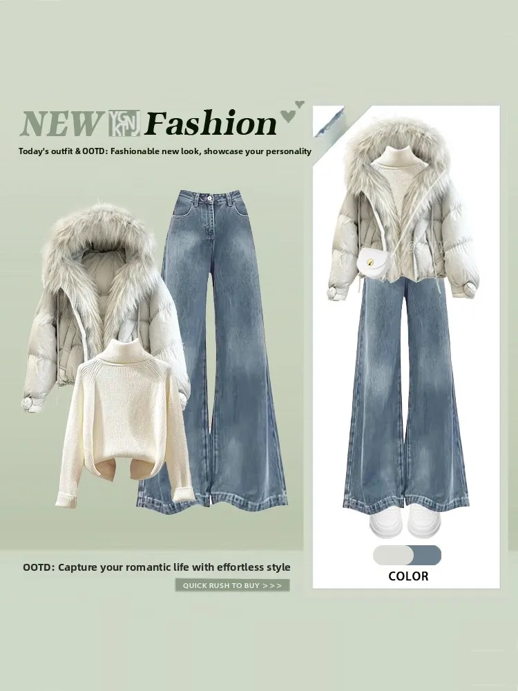 

High-End Cotton Jacket with Fur Collar And Bell Bottom Jeans Set Fashionable And Warm Two-Piece Autumn Winter Outfit for Women