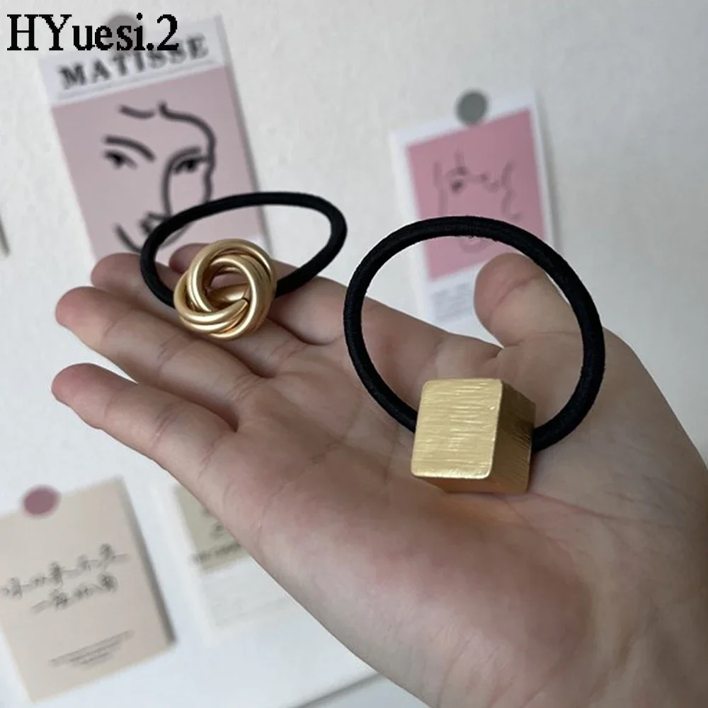 Simple Gold Color Twisted Charms Hair Ties Elastic Metal Geometric Cuff Ponytail Holders Hair Ropes For Women Girls