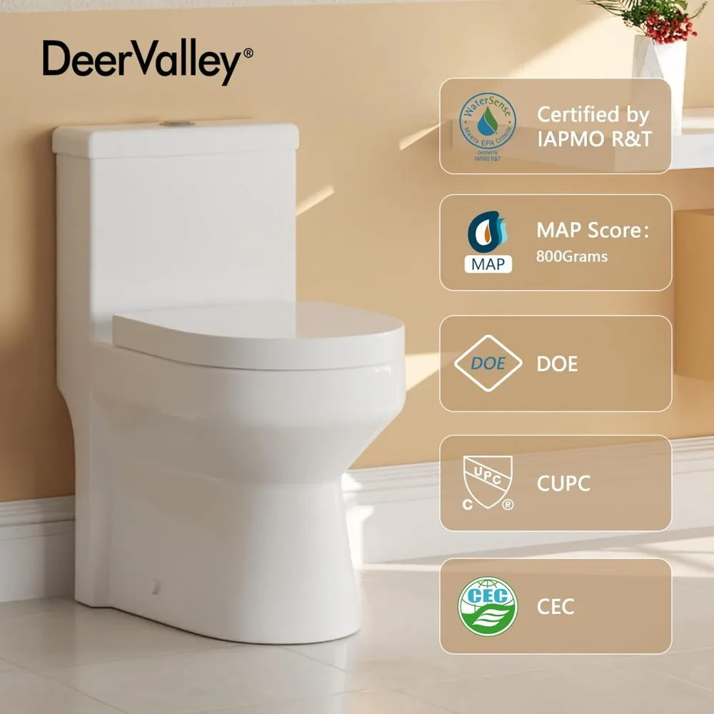 Small Compact One Piece Toilet, Dual Flush Toilet with Soft Closing Seat, 0.8/1.28 GPF High-Efficiency, White Toilet