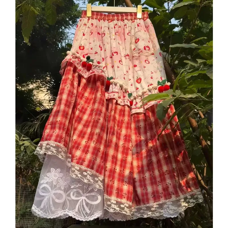 Süßer Kawaii Mori Girl Style Karierter Rüschen-A-Linien-Maxirock Koreanische Mode Frühling Sommer Niedlicher Picknick-Stufenrock für Damen
