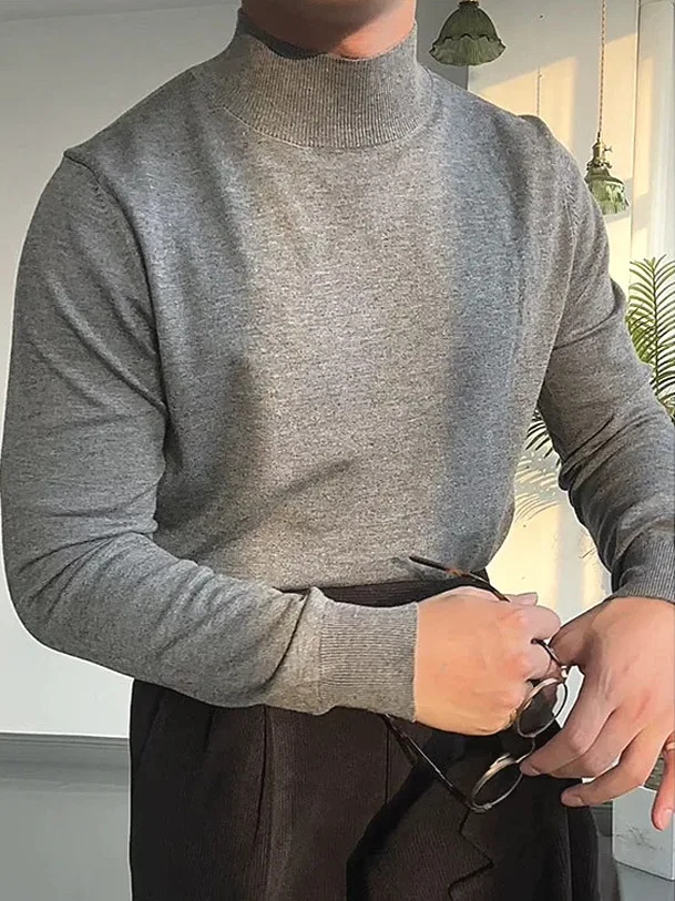 

Italian Sle Men's Knitted Sweater f High Collar Modal Core Spin Yarn Tight Fit Long Sve Sweatirt Base irt