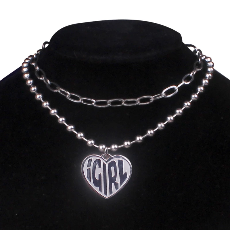 

Punk Gothic Grunge Letter igirl Necklaces For Men Stainless Steel Goth Beads Layered Heart Chokers Necklace For Women