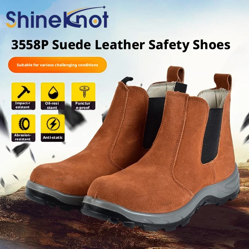 SHINEKNOT Labor Safety Shoes Chelsea Boots Anti Smashing And Anti Piercing Steel Toe Construction Cowhide Work Shoes