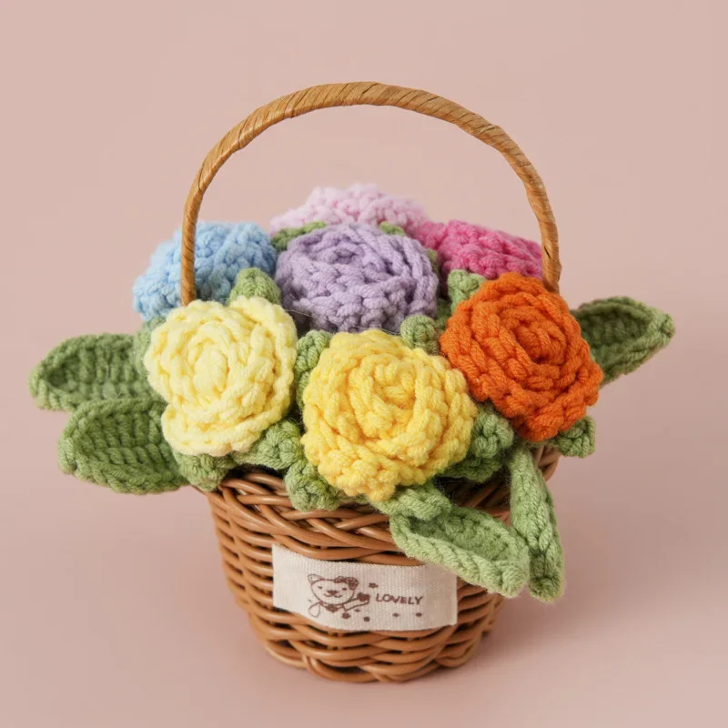 Rose Knitted Flowers with Handwoven Basket Wedding Guests Gift Craetive Finished Artificial Flower Home Car Decor