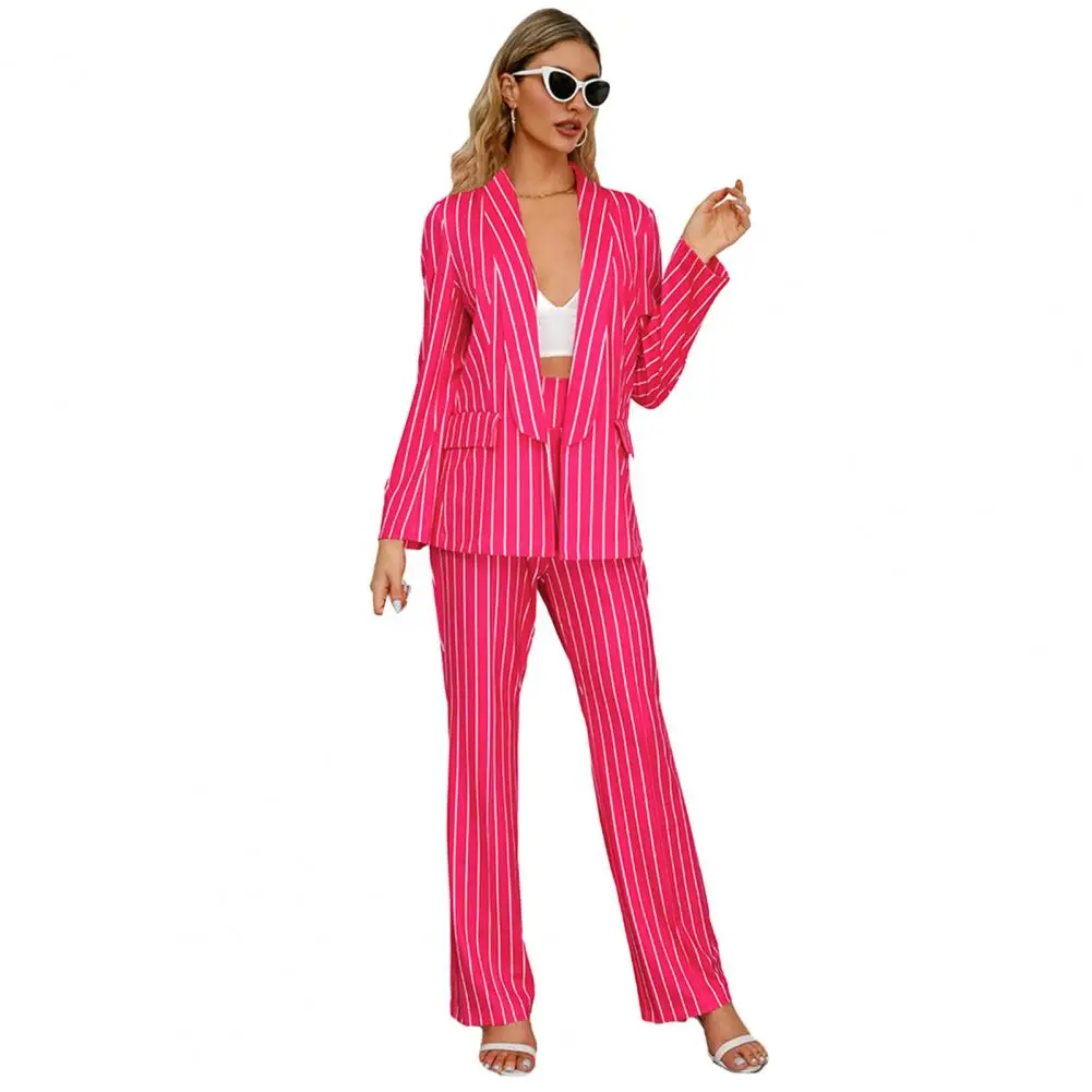 

Women Office Suit Striped Lapel Women's Business Suit Set with Long Sleeve Coat High Waist Wide Leg Pants for Office Commute