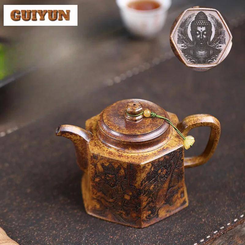 

310ml Yixing Purple Clay Teapots Handmade Six Square Golden Clock Pot Raw Ore Wood-fired Porcelain Mud Kettle Zisha Tea Set Gift