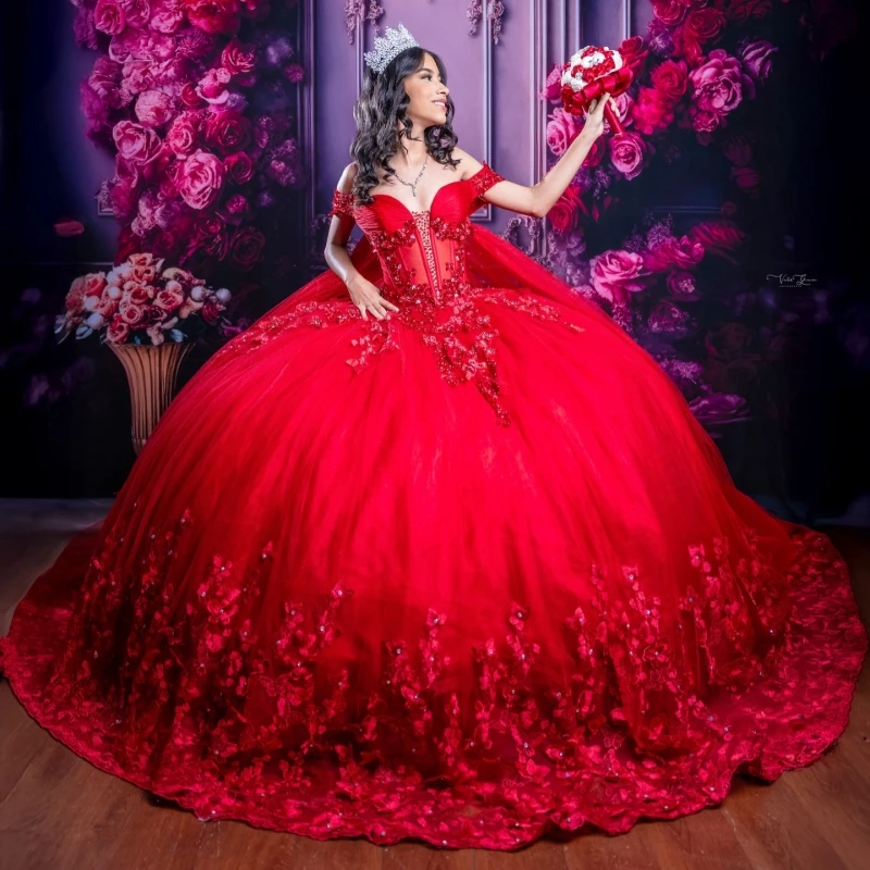 

Red Shiny Ball Gown Quinceanera Dresses Applique Bow Beading Crystal With Cape Tull Corset Off Shoulder Sweet 16 Dress Vestidos