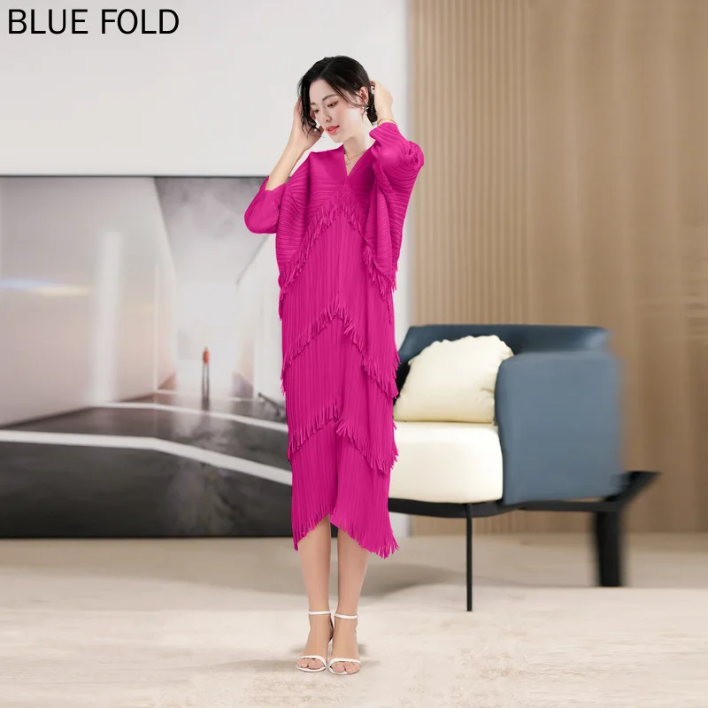 

MIYAKE-Pleated French Dress for Female, Elegant Temperament, Fat Fashion, Light Luxury Long Dress, PLEATS