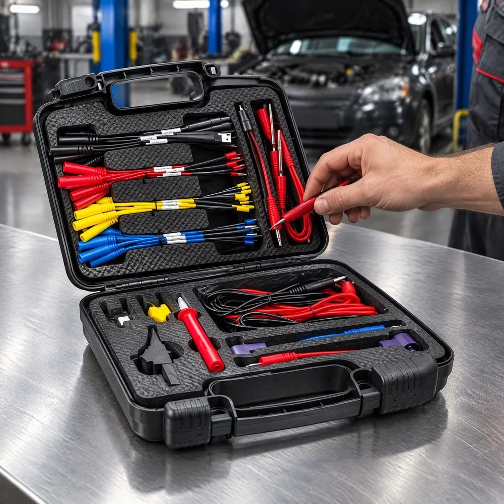 68PCS Professional Test Probe Kit for Automotive Multimeter Use with Black Red Yellow Blue Terminal Wires and Case
