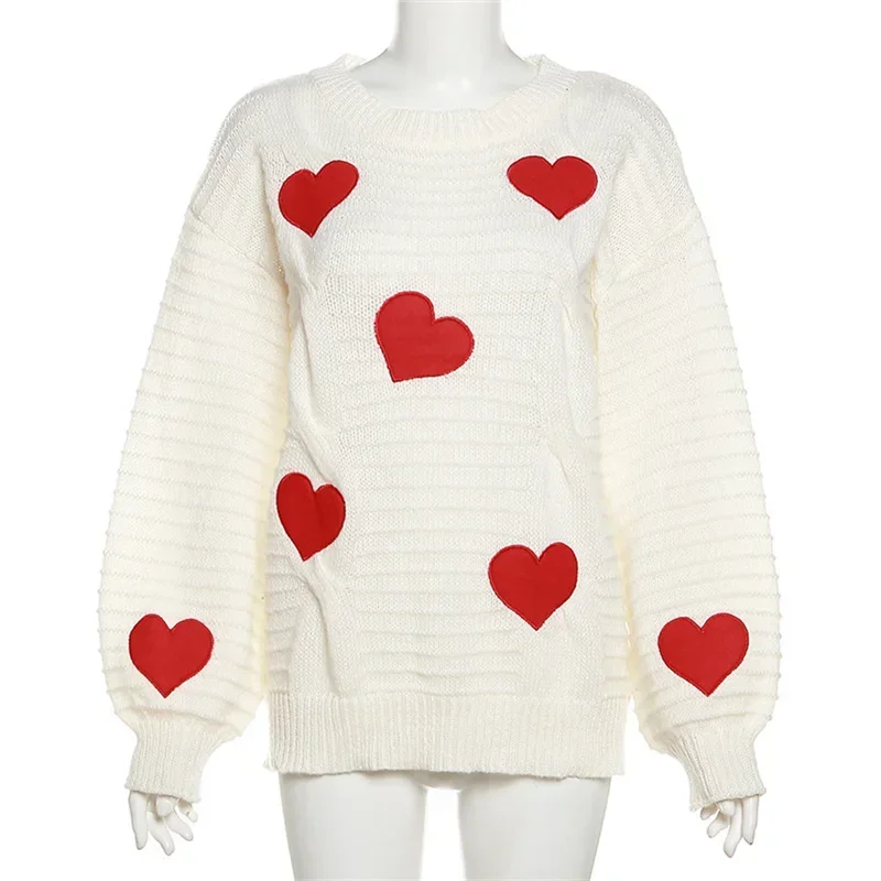 Heart Pattern Oversize Sweater Woman O-Neck Lantern Sleeve Pullover Sweater Twist Knitted White Jumper Autumn Winter Sweatshirt