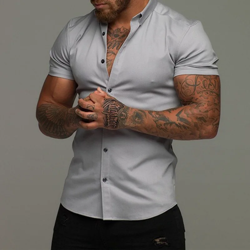 Muscle Men Fitness Sports Leisure Elastic Shirt Solid Lapel Button Business Streetwear Fashion Trend Summer New Short Sleeve Top