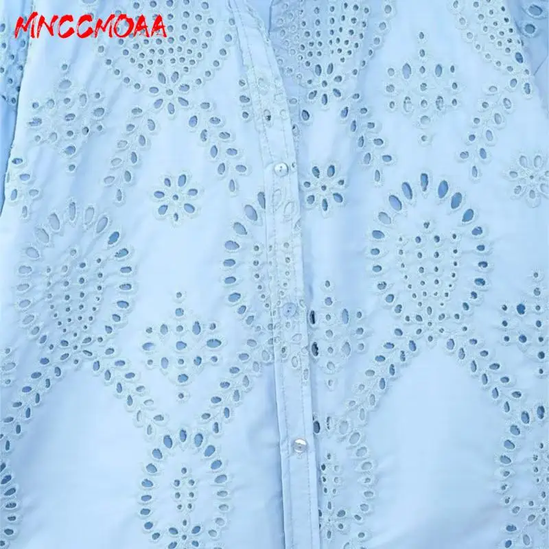 MNCCMOAA-Women\'s Embroidery Hollow Single Breasted Blouse Casual Blue Tops Long Sleeve Shirt Spring Summer Fashion Female 2024