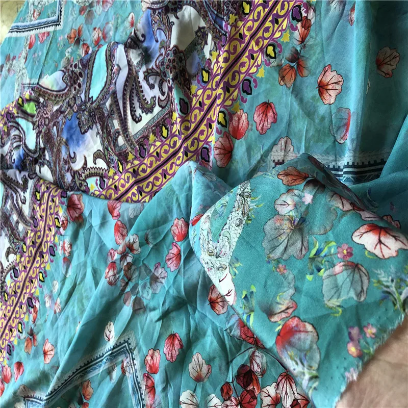 1 meter 100% Mulberry Silk 13 momme Crepe Silk Fabric Blue Floral Printed 110cm 43\