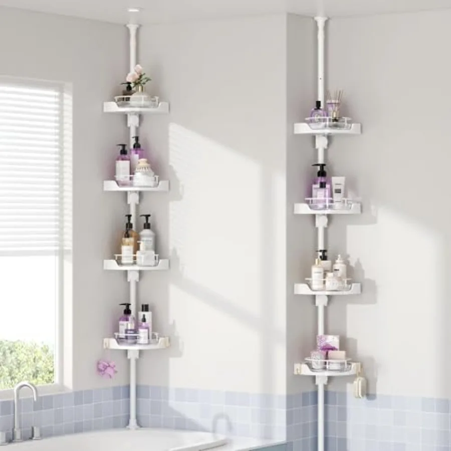 

360° Rotating Shower Caddy Tension Pole, 4 Tiers Corner Shower Organizer for Bathroom Shelf Bathtub, Adjustable Standing Shower