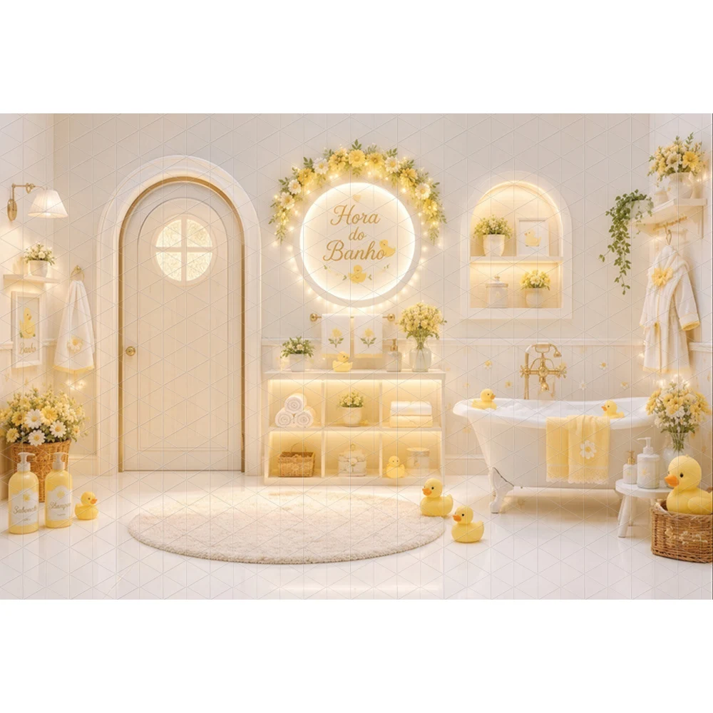 Cute Soft Pastel Yellow Rubber Duck Warm Floral Kids Bathroom Bathtub Baby Bath Time Newborn Children Birthday Photo Backdrop view 6