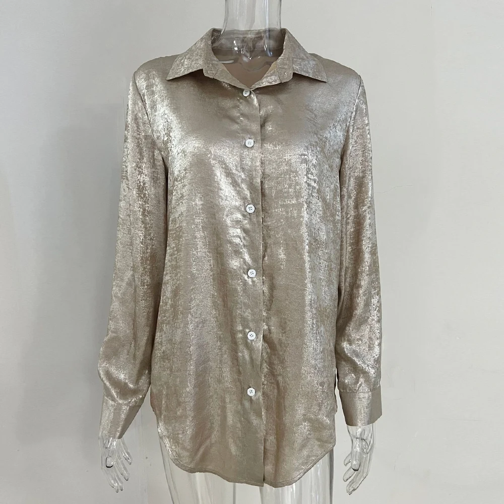 قميص نسائي غير رسمي 2025 لربيع وصيف جديد طية صدر السترة كم طويل واحدة الصدر بلون القمصان النسائية