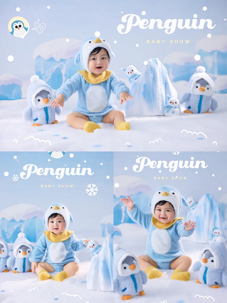 

3-4 Month Baby Photography Props Ice Snow Penguin Theme Fluffy Animal Romper Stuffed Penguin Doll for Professional Studio Photo