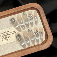 10Pcs Cat Eye Press on Nails French False Nails Wearable Handmade Nail Fake with Diamond Artificial Nail Elegant Full Cover Nail