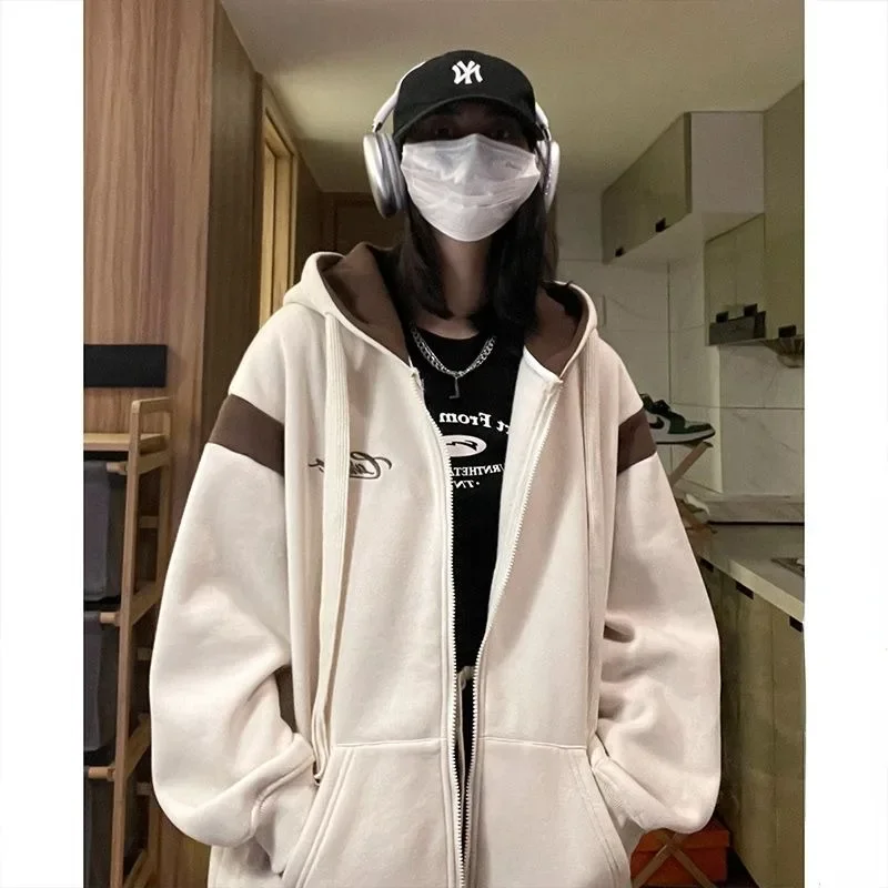 American Contrasting Hooded Sweater for Female Spring and Autumn Students Loose Fitting Casual Versatile Cardigan Jacket Top Ins