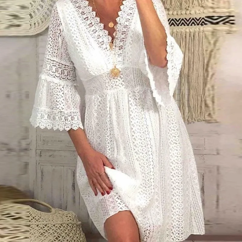 Elegant Women Lace Hollow Part Dress Casual Solid Collar 3/4 Flare Sleeve Short Dresses Chic Female V-neck Waisted A-line Dress